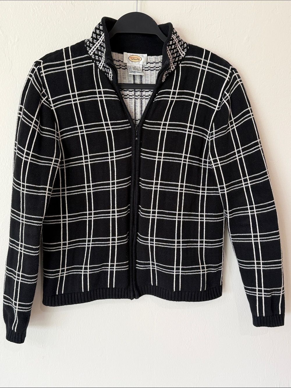 Talbots Black and White Windowpane Zip Front Sweater Jacket